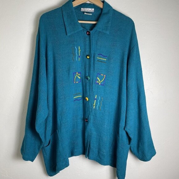 Nino Wong California Top XL Lagenlook Art To Wear Embroidered Linen Blen - Picture 1 of 16